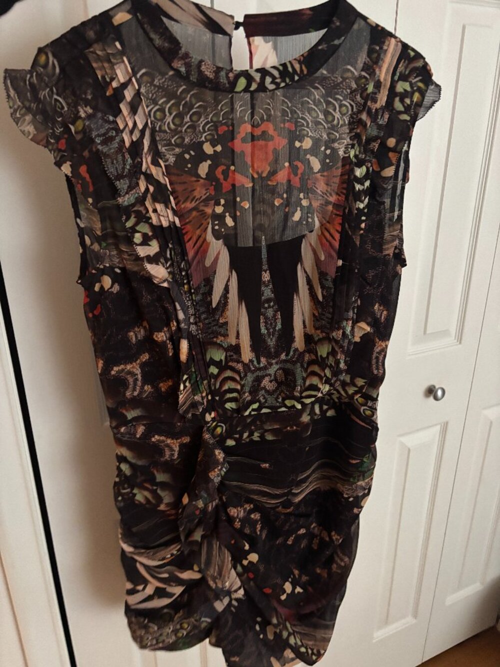 AllSaints NWT Butterfly Print Ruched Draped Mini Dress Black Multicolor Size 8